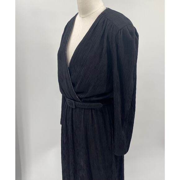 Vintage 70s 80s Rhinestone Neckline Pleated Faux Wrap Dress Belted Black - Picture 5 of 10
